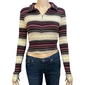 BDG Urban Outfitters Bunny Thermal Crop Top Large Quarter Zip Striped Grunge